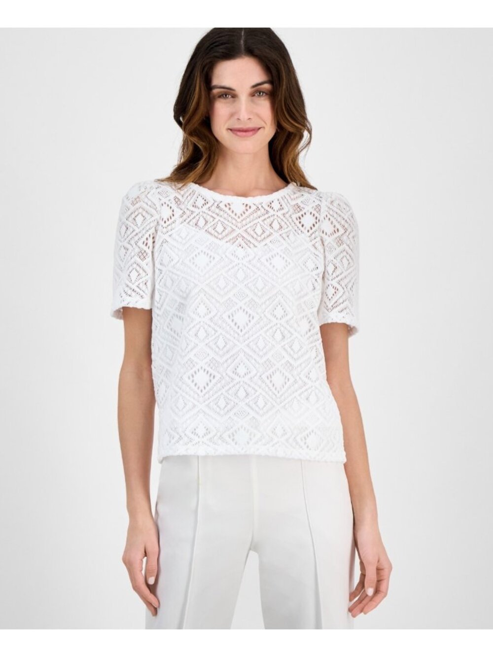 Anne Klein Women's Short-Sleeve Lace Overlay polyester Blouse White Size M $89